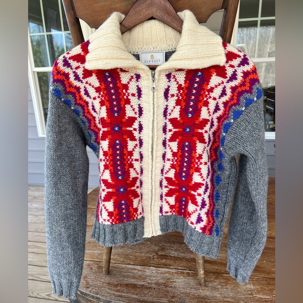 Vintage Express Tricot Wool Nordic Fair
Isle Zip Up Cardigan Sweater Size Small